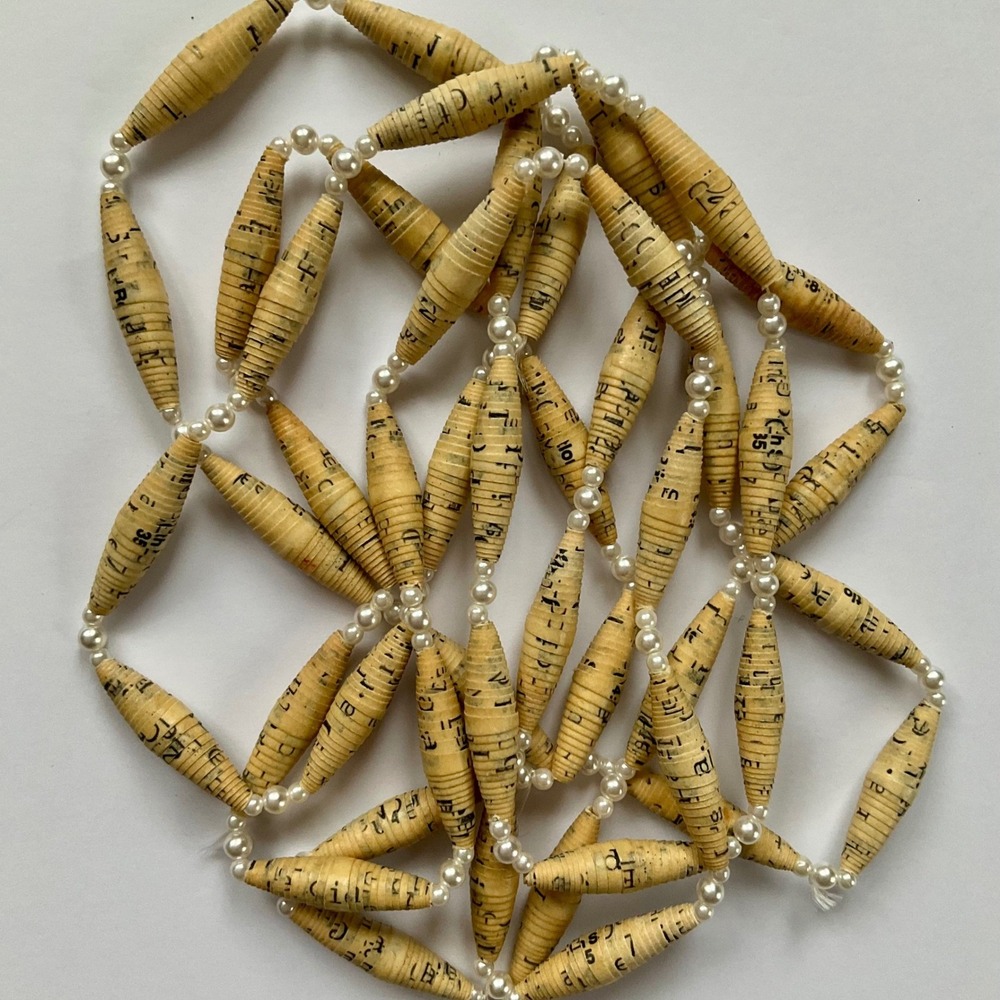 Handmade Rolled Paper Bead Necklace Vintage Style Long Strand‎ Pearl Accent Boo